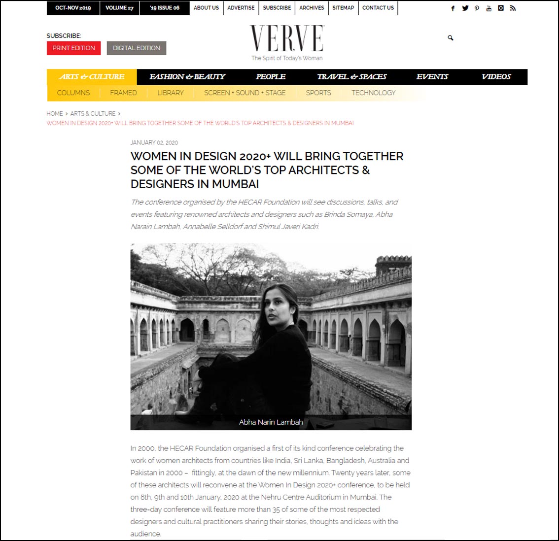 Women in Design 2020 + Will bring together some of the World's top Architects & Designers In Mumbai - Verve magazine, January 2019